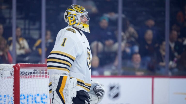 Boston Bruins' Jeremy Swayman plays during a preseason NHL hockey game, Monday, Oct. 2, 2023, in Philadelphia.